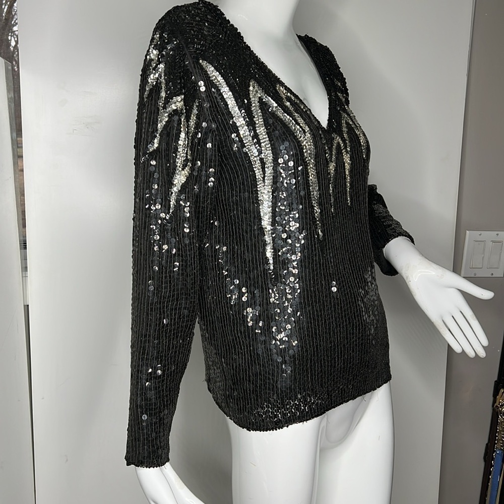 Creative Creations Sz S Black Silver Beaded Pull On V Neck Blouse
